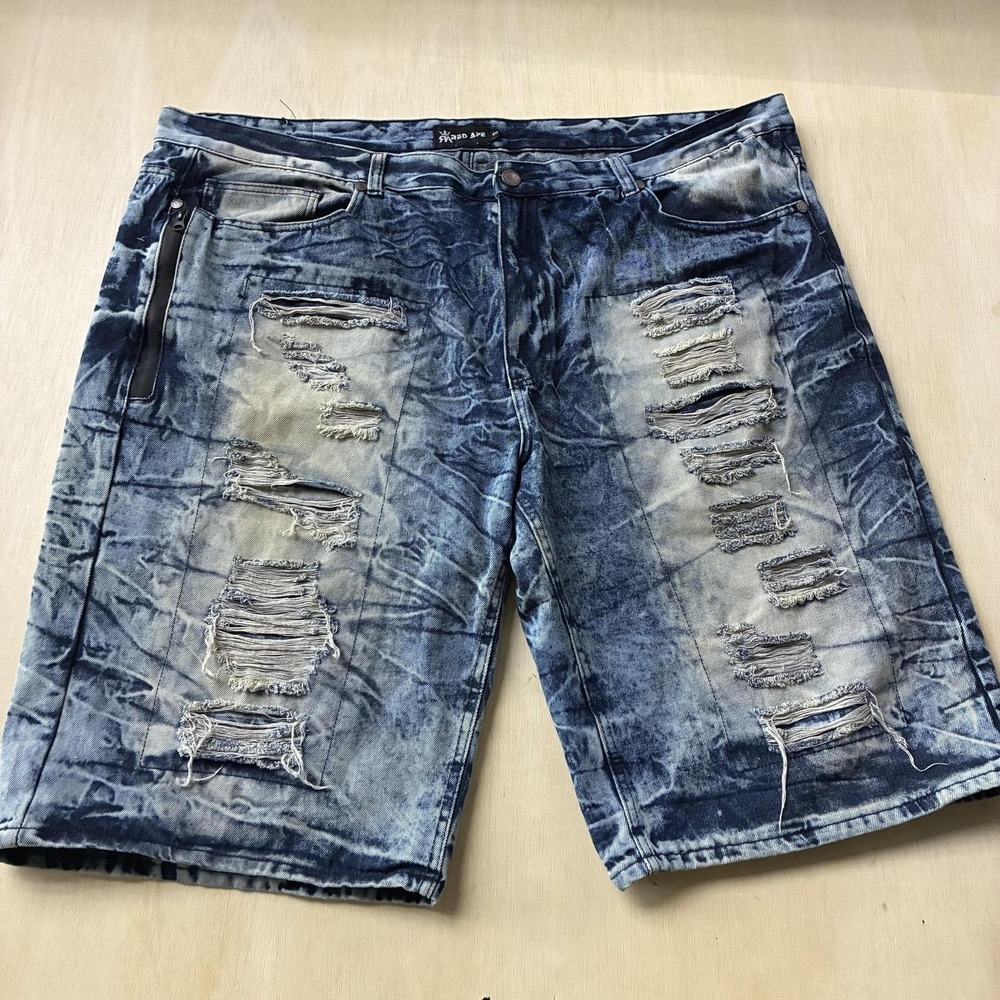 Y2K Red Ape Denim Shorts Men 50 Blue Acid Wash Distressed Ripped 15 Inseam Baggy
